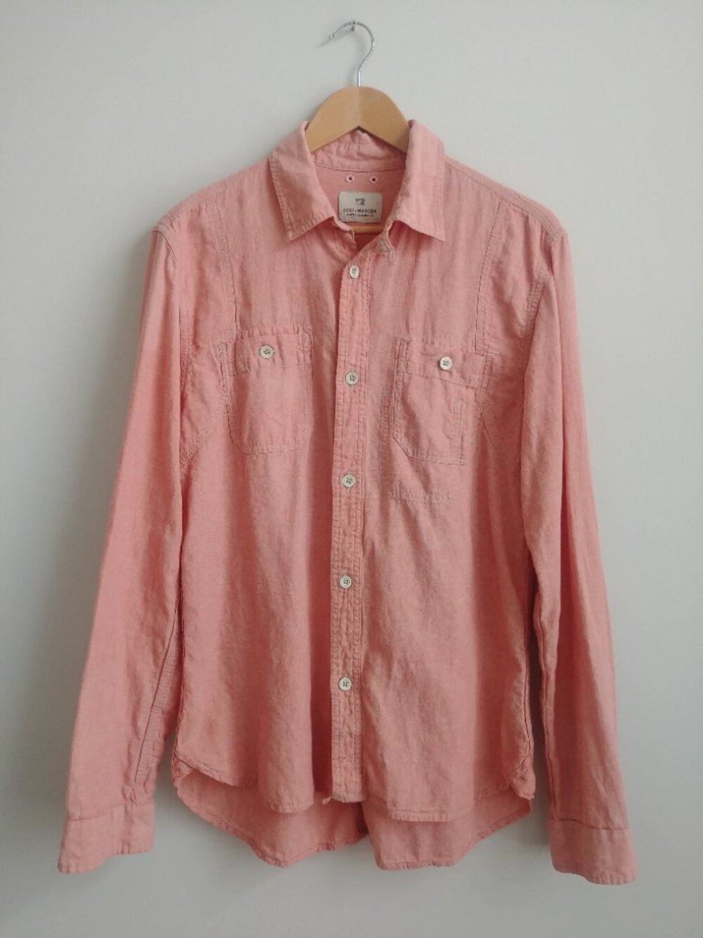 Scotch & Soda Men's Large salmon pink linen cotton button down shirt